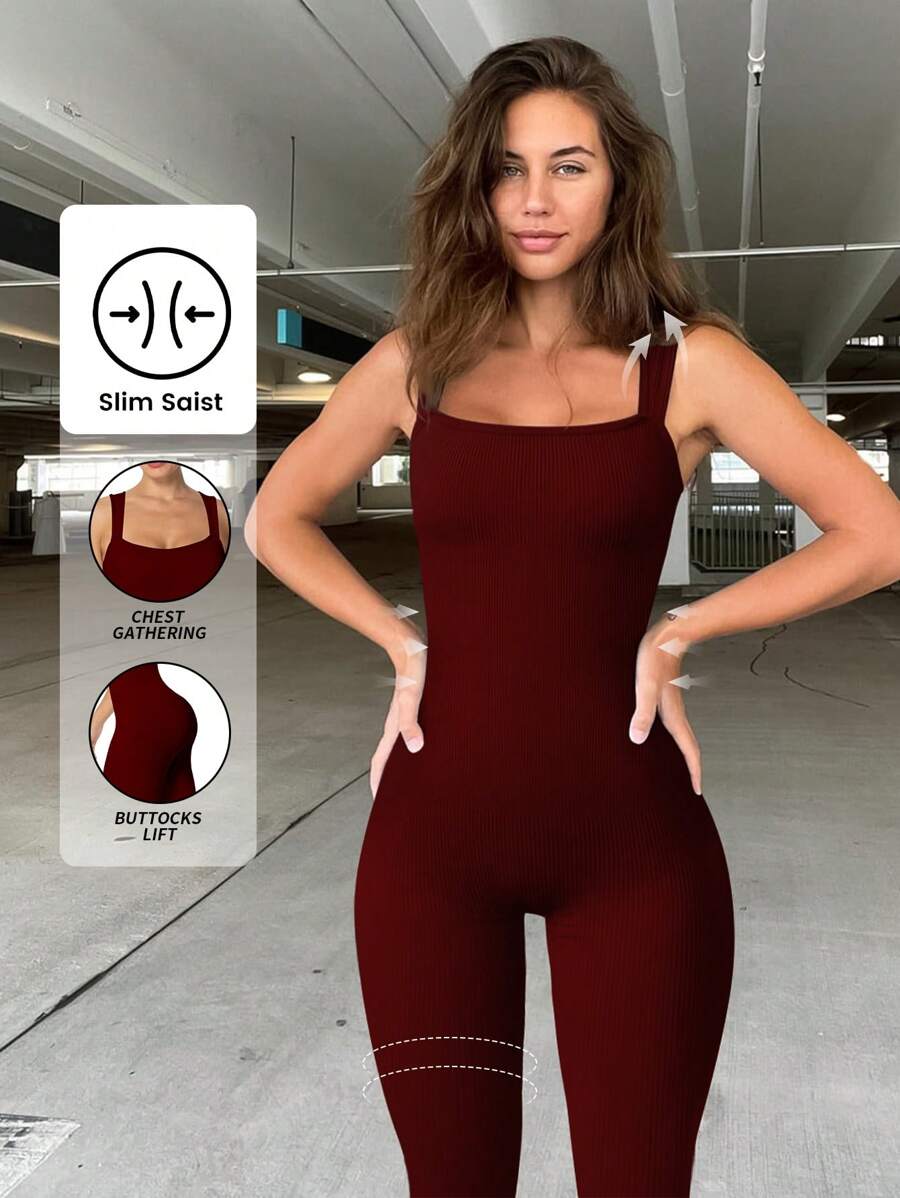 Yefecy 女士瑜伽罗纹连体背心连体衣无袖运动连体裤塑身衣