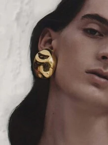 1Pair Stainless Steel Gold Color Vintage Big Metal Earrings Women Fashion Statement Geometric European Party Jewelry - 金色 - 查看 2