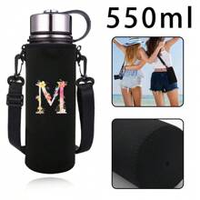 1pc Pink Floral & Letter Print Insulated Water Bottle Sleeve, Fits 550ml/750ml/1000ml/1500ml Bottles, Made Of Waterproof Nylon With Adjustable Strap, Suitable For Hiking, Camping, Sports - Black - View 16