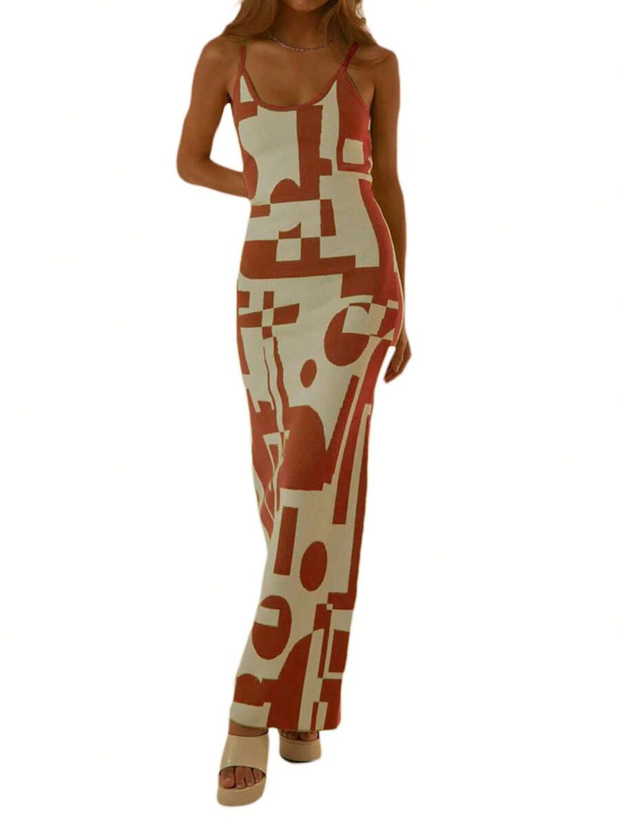 Women Knitted Dress, Color Patchwork Sleeveless Scoop Neck Strappy Bodycon One-Piece For Ladies, S/M/L - Orange - View 1