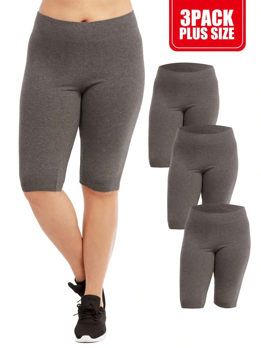 3 Pack Women's Curvy Plus Size Knee Length High Waist Cotton Biker Shorts Leggings, High Waisted Biker Leggings Shorts, Women's No See-Through Athletic Workout Running Cycling Yoga Shorts, Tummy Control Activewear Shapewear Plus Size - Màu xám đen - Xem 1