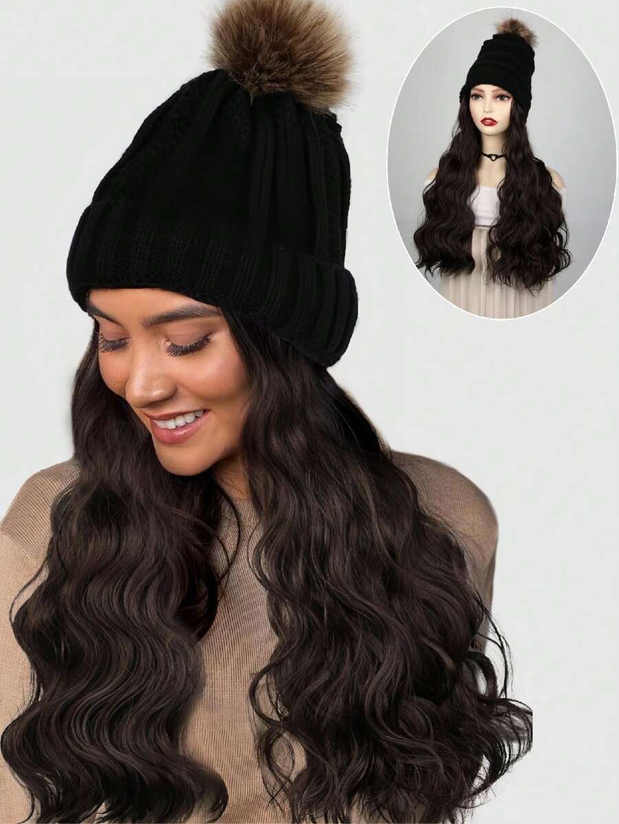 Mũ len Beanie có phần tóc dài xoăn gợn sóng, mũ len màu đen kèm theo tóc giả tổng hợp 22 inch có thể tháo rời, lông ấm áp cho phụ nữ - Cà phê nâu - Xem 1