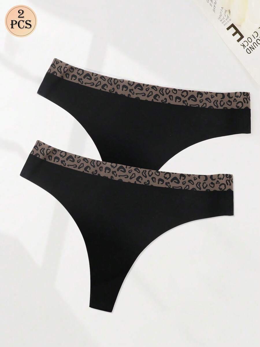 2pcs Women Seamless Leopard Print Thong Panties - Multicolor - View 1
