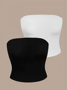 2 Cropped Top tube Feminino Sem Alça e Sem Bojo Básico Dupla Camada de Suplex Modelador slim fit tomara que caia - Branco - Visão 2