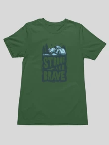 Men's Basic T-Shirt 100% Cotton Knit Strong And Brave Print Short Sleeve Casual T-Shirt - 軍綠色 - 查看 2