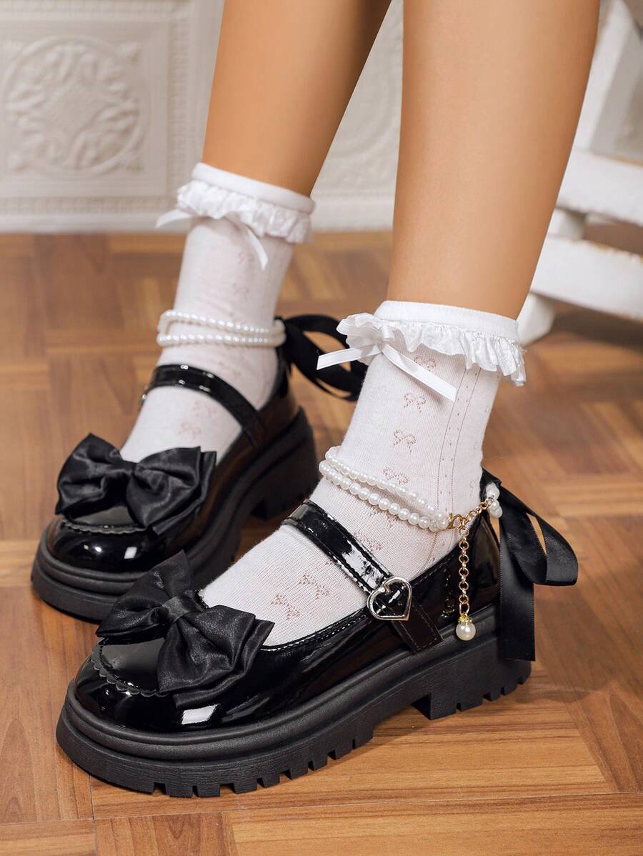 Plus Size Detachable Anklet & Ribbon Design Thick Sole Mary Jane Shoes, Princess-Style Chunky Heel Round Toe Ankle Strap Faux Pearl Bow Decor Comfortable Loafers For Dress, Party, Casual, School Uniform, Punk & Rock, Gothic Lolita Valentines