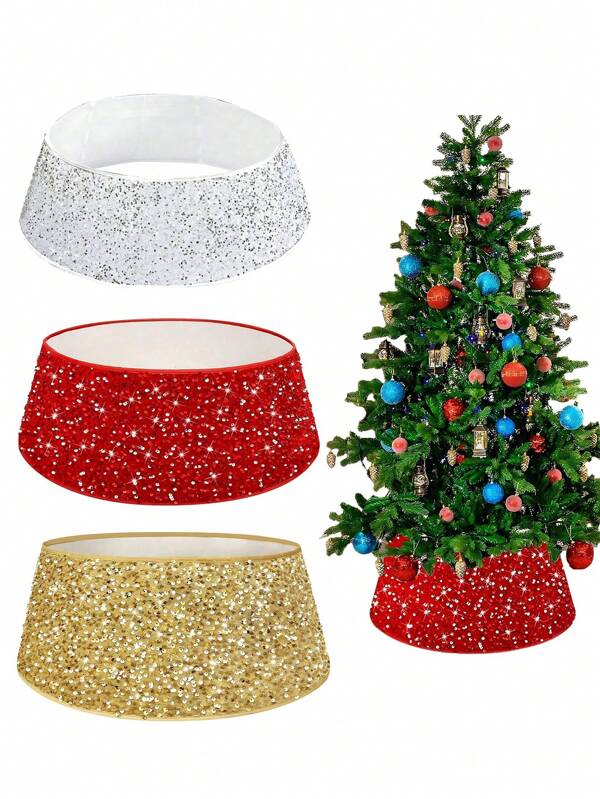 1pc Christmas Tree Skirt, Christmas Tree Collar, Gold/Red/Silver, 22" Sequin Christmas Tree Skirt, Luxury Glitter Tree Skirt For Autumn Holiday Sparkly Double-Sided Christmas Tree Stand Base Decor Best Gifts Birthday Home Decor Christmas Decorations Room Decor Winter