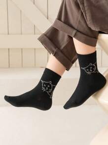 5 Pairs Kids Solid Color Soft Comfortable Crew Socks With Cute Animal Graphic - Multicolor - View 3