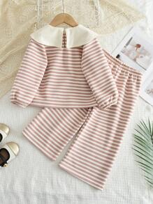 2 件套年轻女孩条纹水手领长袖宽松长裤套装，春秋