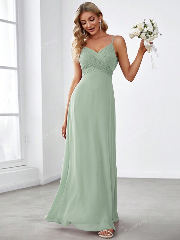 EVER-PRETTY Spring Solid Ruched Bust Cami Dress Spaghetti Straps Elegant Sage Green Bridesmaid Dress Wedding Guest Dress For Wedding