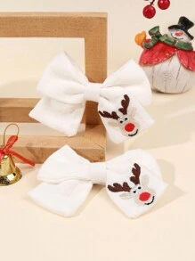 2pcs Christmas Reindeer Embroidered Sailor Hair Bow For Girls, Reindeer Pattern White Fabric Bow Alligator Clips With Full Lined ,Elegant Bow Hair Clips For Christmas Party Favor Gifts,Women Hair Accessories. - Christmas Deer - View 7