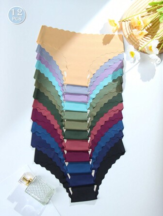 12件装纯色波浪无痕内裤比基尼新颖三角裤扇形柔软舒适女士内裤性感女士不夹低腰底