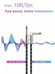 1根吉他线，10英尺，乐器线，电吉他线，吉他放大器线，适用于贝斯、吉他和键盘，1/4英寸直角插头，黑蓝色，吉他低音号，吉他垫，吉他配件。