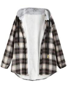 女士格子印花保暖内衬连帽休闲长袖夹克