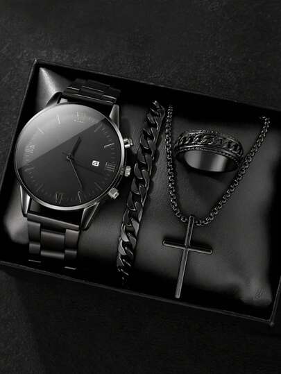 kuuioe 4pcs/Set Black Cross Chain Bracelet Ring Watch Jewelry Set For Men, Formal Business Luxury Gift