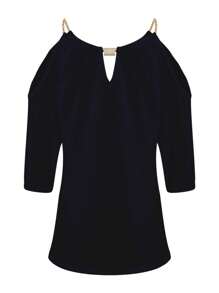 Womens Casual Half Sleeve T-shirt Fashion Solid Color Off-shoulder V-neck Pullover Tops - Negro - Ver 3
