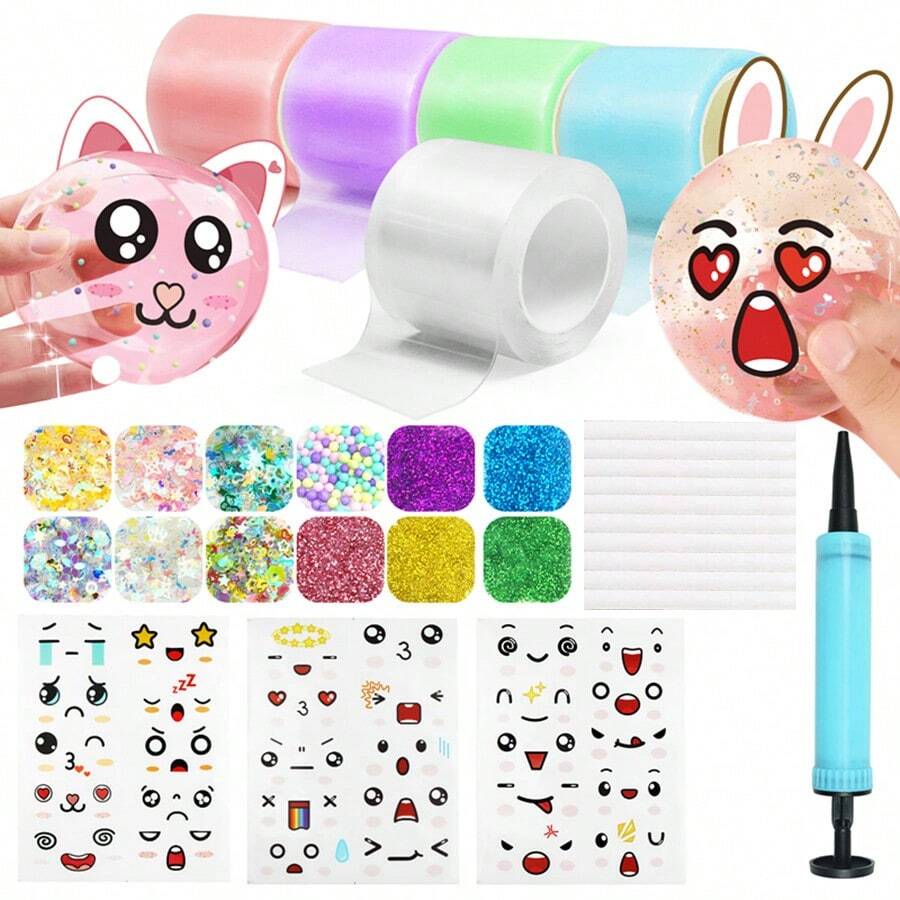 31 Pieces/Set INNO2ELEPH Brand Colorful Nano Tape Pressure Ball Bubble Blowing Decompression Toy Material Package Complete DIY Craft Kit, Cute Stickers And Supporting Tools, Children's And Women's Homemade Air Magic Glue Flash Powder Soft Ball, A Variety Of Fun And Creative Play, Parent-Child Patience Interactive Toys (Balloon Pump Random),Piggy Bank For Kids,Play Dough,Nano Tape For Kids,Back To School