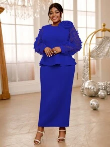 加大码女式派对礼服，3D 蝴蝶结、网眼和灯笼袖，适合工作场合优雅鸡尾酒半正式舞会婚礼宾客礼服，适合生日、毕业典礼、晚宴、返校节、秋季女装、返校 - 藍色 - 查看 3