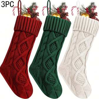 3pcs Christmas Stockings, 18 Inches Christmas Stockings Double-Sided Cable Knitted Xmas Stockings Personalized Burgundy Red And Cream For Family Christmas Party Classic Decorations,Christmas