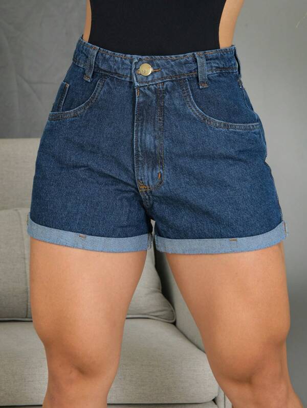 Short Jeans Barra Invertida Feminino Cintura Alta