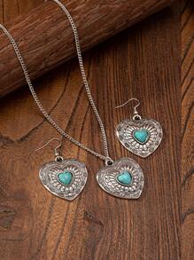 1 套复古做旧西式绿松石装饰耳环和项链套装 - 彩色 - 查看 2