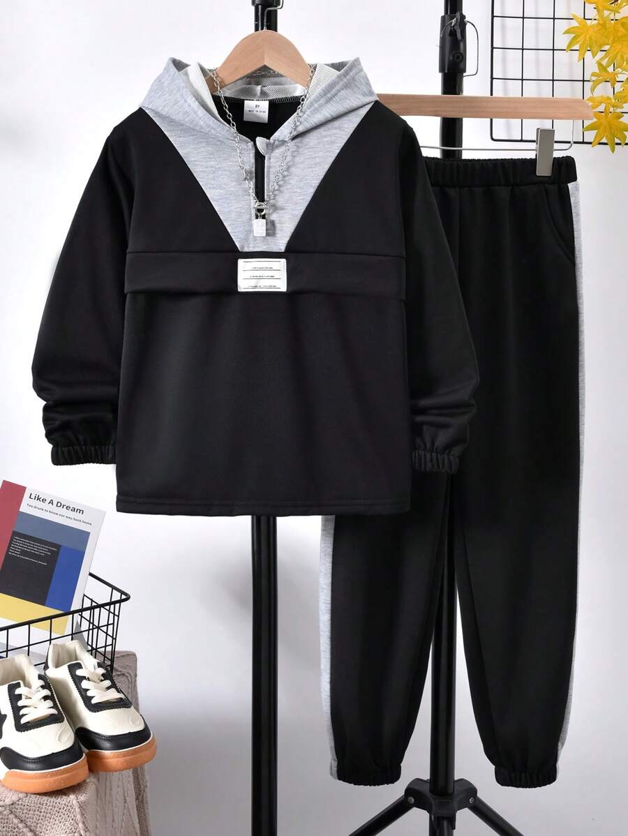Vihyde Bộ đồ 2 món cho bé trai tuổi teen: áo khoác có mũ kéo khóa và quần jogger phối màu tương phản. - màu đen - Xem 1