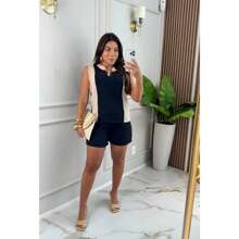 WOMEN'S SET IN DUNA FABRIC WITH LINED SHORTS AND SLEEVELESS TOP WITH WOODEN DETAIL SPRING SUMMER - 黑色 - 查看 1