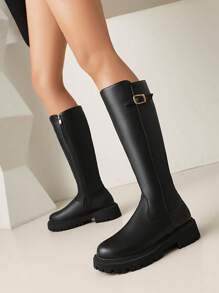 女士黑色皮质修身时尚靴，休闲修身皮靴，西部牛仔靴，时尚休闲骑马靴 - 黑色 - 查看 7