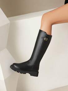 女士黑色皮质修身时尚靴，休闲修身皮靴，西部牛仔靴，时尚休闲骑马靴 - 黑色 - 查看 8