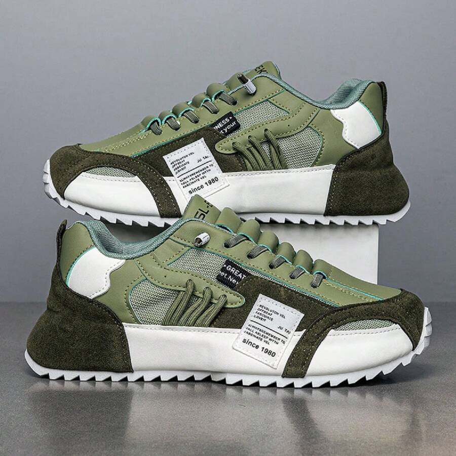 男士网眼撞色运动鞋透气跑步运动鞋防滑休闲户外旅游百搭休闲鞋 - 綠色 - 查看 1