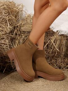 Giày bốt đế dày mũi tròn có khóa kéo giữa bắp chân mới 2024 dành cho nữ, chống trượt, thoải mái, bốt cổ ngắn và mắt cá chân cho mùa thu/đông - màu nâu - Xem 1