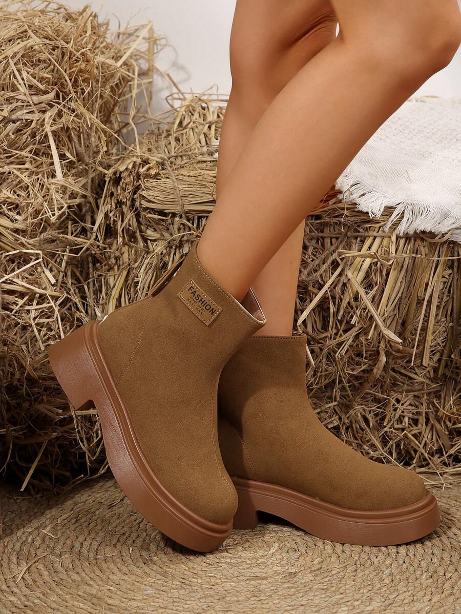 Giày bốt đế dày mũi tròn có khóa kéo giữa bắp chân mới 2024 dành cho nữ, chống trượt, thoải mái, bốt cổ ngắn và mắt cá chân cho mùa thu/đông - màu nâu - Xem 1