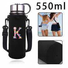 1pc Pink Floral & Letter Print Insulated Water Bottle Sleeve, Fits 550ml/750ml/1000ml/1500ml Bottles, Made Of Waterproof Nylon With Adjustable Strap, Suitable For Hiking, Camping, Sports - Black - View 39