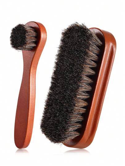 Two Pieces Set Of Wooden Horsehair Brush For Cleaning Leather, Car Shoes, Stains, And Polishing