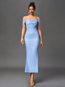 PARTHEA Off-Shoulder Mermaid Hem Ruffle Fitted Maxi Dress - Baby Blue - View 7