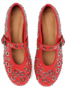 Ballet Flats For Women Mesh Metallic Eyelet Mary Jane Flats Perforated Buckle Strap Ballerina Flat Shoes - Red - View 4