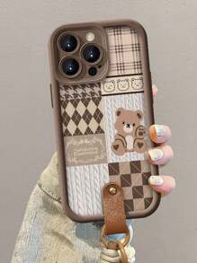 Cute Apple 1pc Vertical Stripe Bear Pattern High Bamboo Brown + Brown Lanyard Phone Case Compatible With Iphone 16 Pro AMX, 11, 12, 13, 14 PROMAX, 15