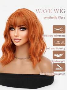 Dirty Orange Synthetic Curly Bob Wig 14 Inch Shoulder Length Medium Length Wavy Hair Wig With Bangs Women's Suitable For Everyday Use Cosplay Halloween Christmas Party Wig Natural Romantic Casual Streetwear Heat Resistant Wig