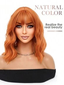 Dirty Orange Synthetic Curly Bob Wig 14 Inch Shoulder Length Medium Length Wavy Hair Wig With Bangs Women's Suitable For Everyday Use Cosplay Halloween Christmas Party Wig Natural Romantic Casual Streetwear Heat Resistant Wig