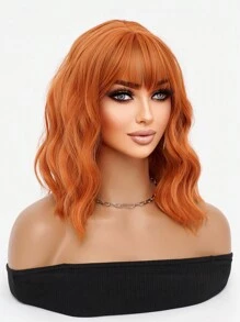 Dirty Orange Synthetic Curly Bob Wig 14 Inch Shoulder Length Medium Length Wavy Hair Wig With Bangs Women's Suitable For Everyday Use Cosplay Halloween Christmas Party Wig Natural Romantic Casual Streetwear Heat Resistant Wig