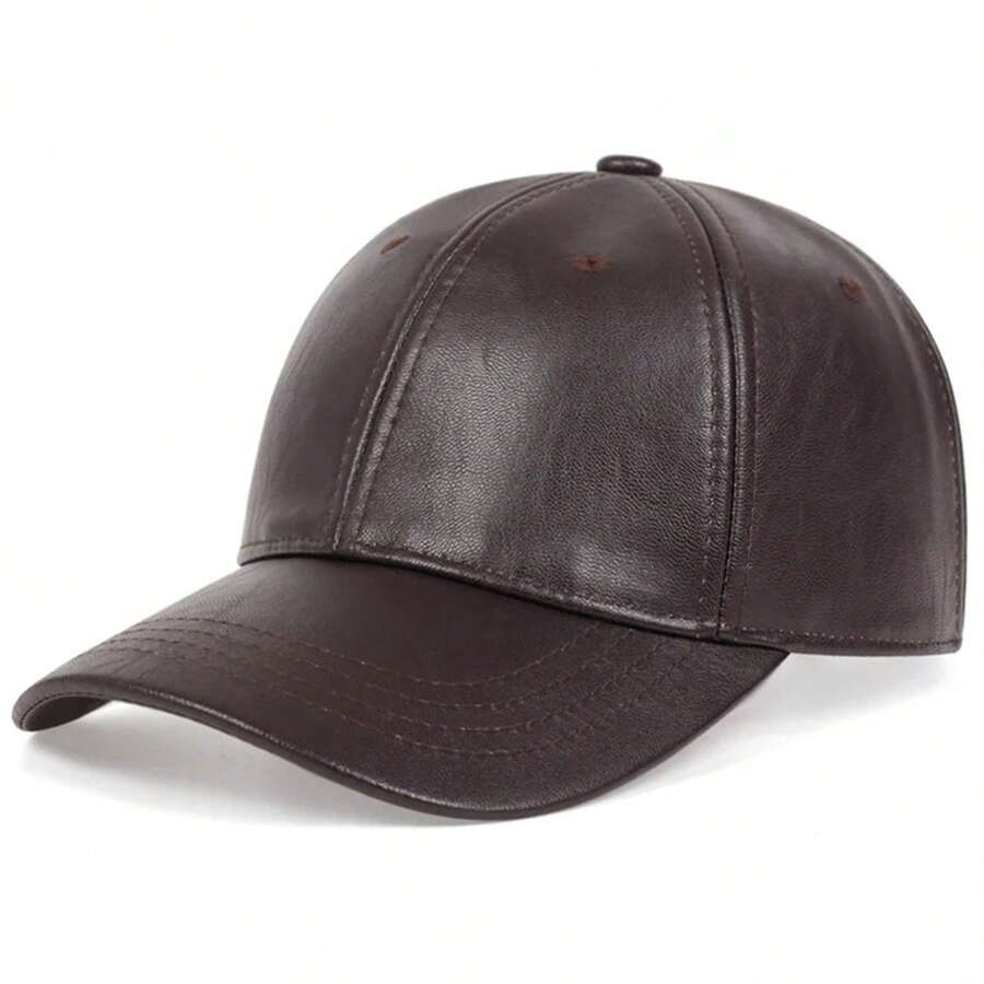 1Piece Men PU Leather Solid Baseball Cap Outdoor Adjustable Sunscreen Leisure Hat Spring Autumn Travel Tourism Beach Vacation - Dark brown - View 1