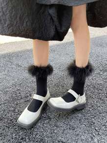 1 双女式可爱羽毛糖果色蓬松蕾丝中筒袜，毛绒靴袜 - 黑色 - 查看 1