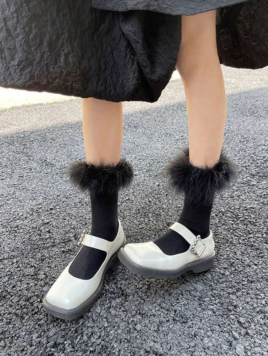 1 双女式可爱羽毛糖果色蓬松蕾丝中筒袜，毛绒靴袜 - 黑色 - 查看 1