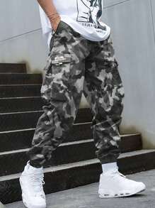 1件青少年男童休闲前卫运动户外工装裤，带大口袋和织带装饰，春秋季 - 灰色 - 查看 1