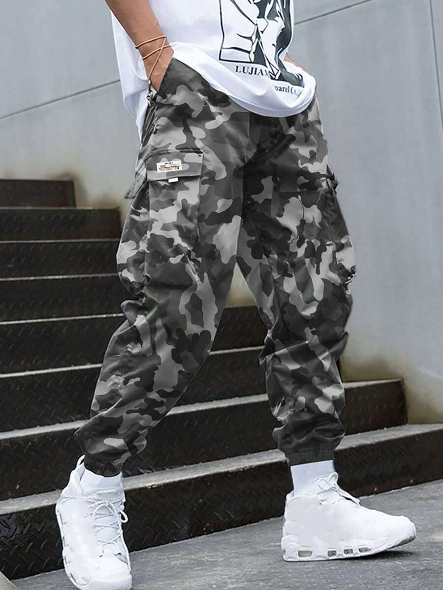 1件青少年男童休闲前卫运动户外工装裤，带大口袋和织带装饰，春秋季 - 灰色 - 查看 1