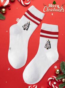 1 pereche de șosete pentru copii cu model de pom de Crăciun, șosete confortabile și la modă până la jumătatea gambei, potrivite pentru ținute de Crăciun, cadouri de sărbători