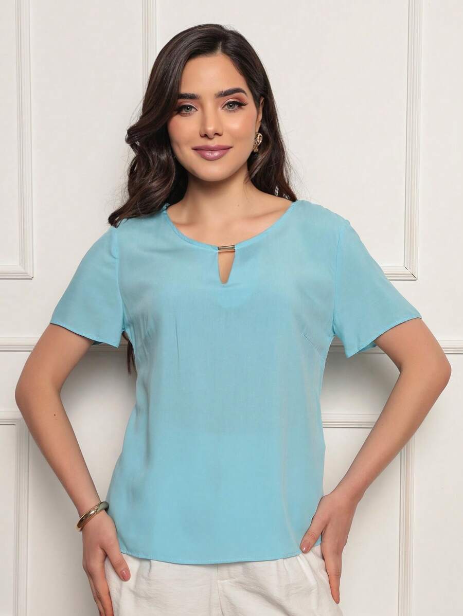 ALETHEIA - SHORT SLEEVE BLOUSE IN VISCOSE FABRIC WITH TUBE DETAIL ON THE NECKLINE - WOMEN'S BLOUSES SHEIN BLOUSES - Màu xanh nhạt - Xem 1