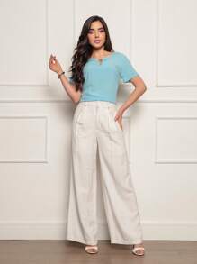 ALETHEIA - SHORT SLEEVE BLOUSE IN VISCOSE FABRIC WITH TUBE DETAIL ON THE NECKLINE - WOMEN'S BLOUSES SHEIN BLOUSES - Màu xanh nhạt - Xem 5
