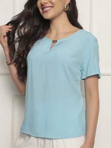 ALETHEIA - SHORT SLEEVE BLOUSE IN VISCOSE FABRIC WITH TUBE DETAIL ON THE NECKLINE - WOMEN'S BLOUSES SHEIN BLOUSES - Màu xanh nhạt - Xem 4