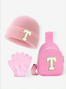 Set de 3 piezas para bebés y niños: Gorro con estampado de 26 letras, guantes y bolsa tipo monedero. Conjunto de ropa de invierno para niñas, apto para uso diario de niñas pequeñas en otoño e invierno. Accesorio de moda con monedero.
